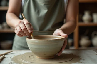 Mains d'un céramiste appliquant un émail texturé sur un bol en grès artisanal dans un atelier de poterie en 2026