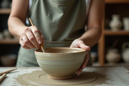 Mains d'un céramiste appliquant un émail texturé sur un bol en grès artisanal dans un atelier de poterie en 2026