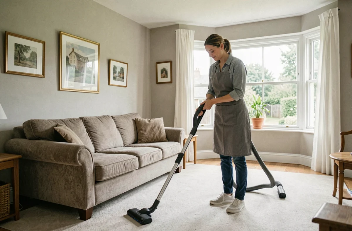 Employée de maison passant l'aspirateur dans un salon résidentiel propre et lumineux