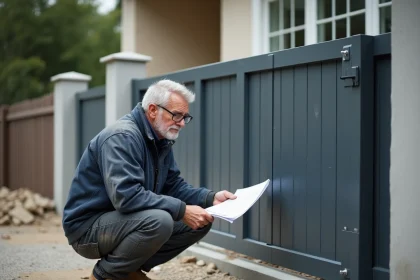 Entrepreneur examinant les plans d'installation d'un portail coulissant avec portillon intégré dans une allée résidentielle en chantier
