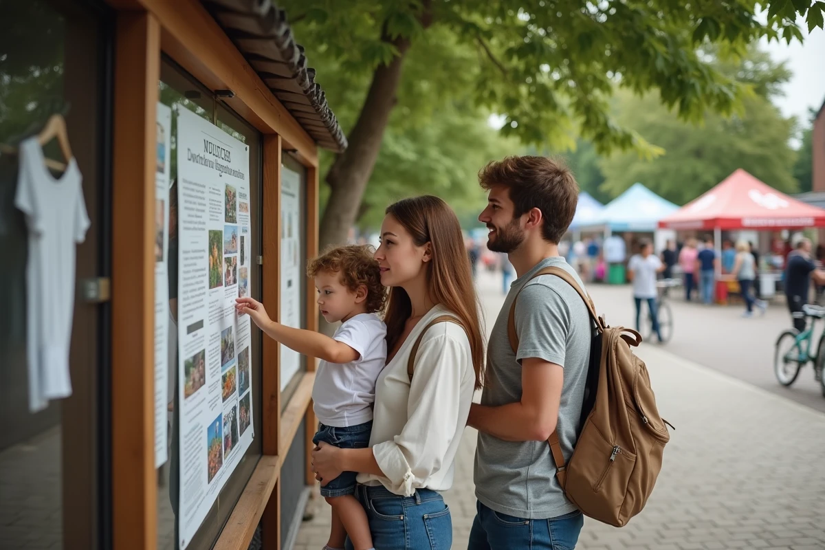 Famille lisant une affiche d