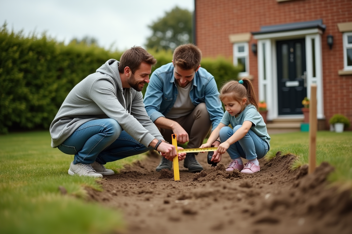 Jeune couple et fille dans leur jardin en famille