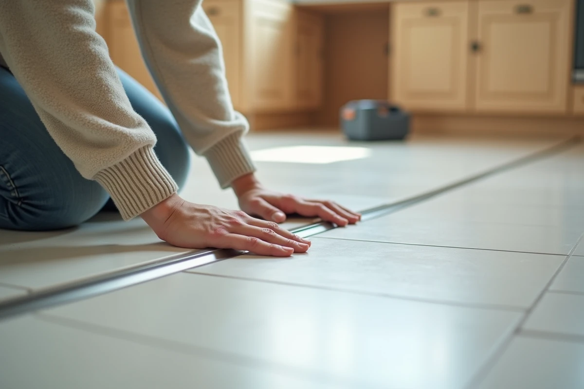 Jeune femme posant une baguette en métal sur du carrelage blanc