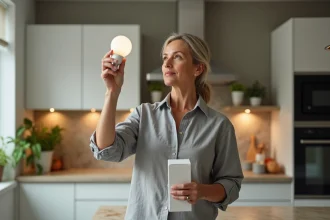 Femme comparant une ampoule LED 600 lumens à son équivalent en watts dans une cuisine moderne