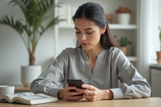 Femme utilisant une application de décoration d'intérieur sur smartphone avec rendu 3D réaliste d'un salon