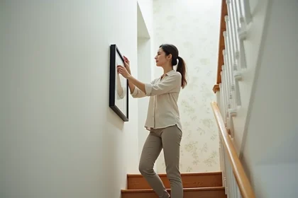 Femme ajustant un cadre photo dans un escalier intérieur