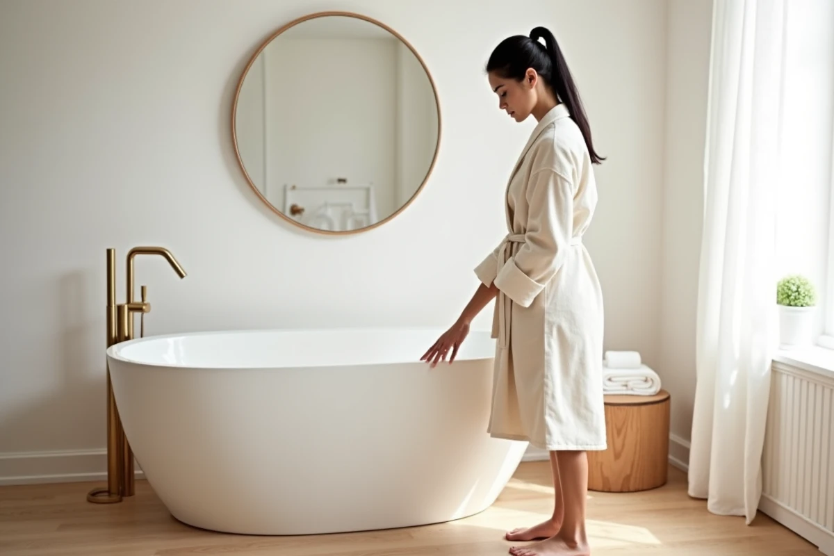 Femme évaluant la longueur d'une baignoire autoportante ovale dans une salle de bain de style scandinave au sol en chêne clair
