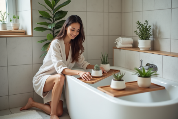 Femme en détente arrangeant des plateaux en bois dans la baignoire