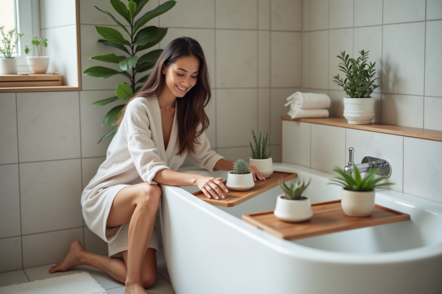 Femme en détente arrangeant des plateaux en bois dans la baignoire