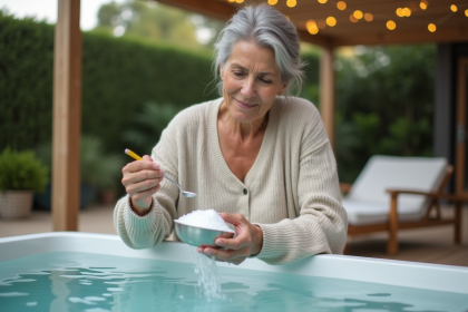 Femme versant bicarbonate dans un bain extérieur serein