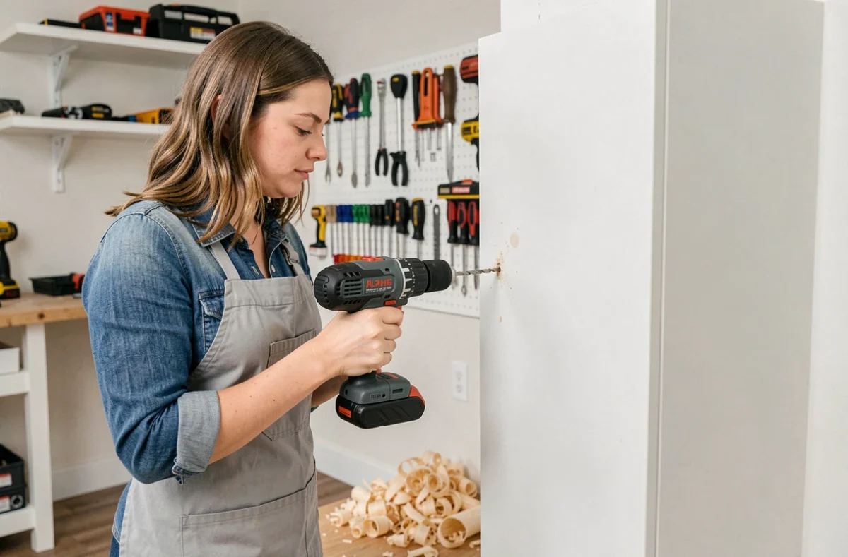 Femme bricoleur utilisant une perceuse sans fil avec embout extracteur de vis pour retirer une vis foirée d'une étagère en MDF