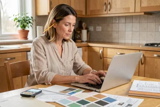 Femme planifiant un budget travaux en ligne avec des échantillons de matériaux et listes de prix sur une table en bois