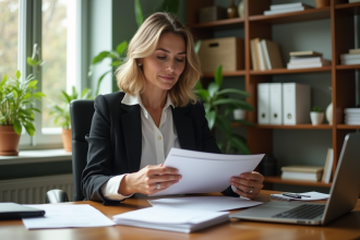 Femme d affaires triant du courrier dans un bureau lumineux