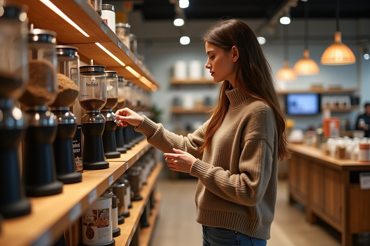 Jeune femme comparant des moulins à café en magasin spécialisé