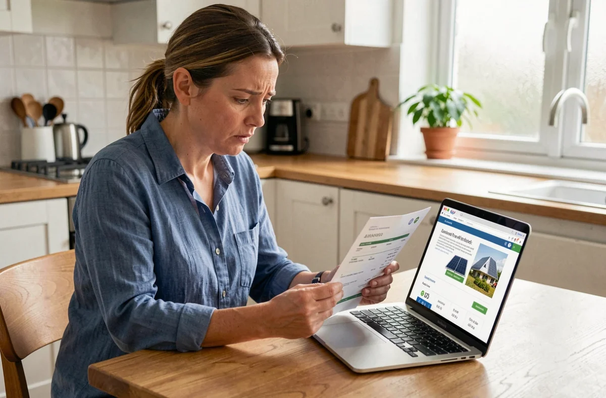Une femme compare des offres de panneaux solaires discount en ligne depuis sa cuisine, tenant une facture imprimée avec une expression préoccupée face aux prix trop bas