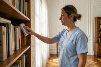 Femme de ménage professionnelle en uniforme bleu époussetant une bibliothèque dans un appartement de style haussmannien à Tours