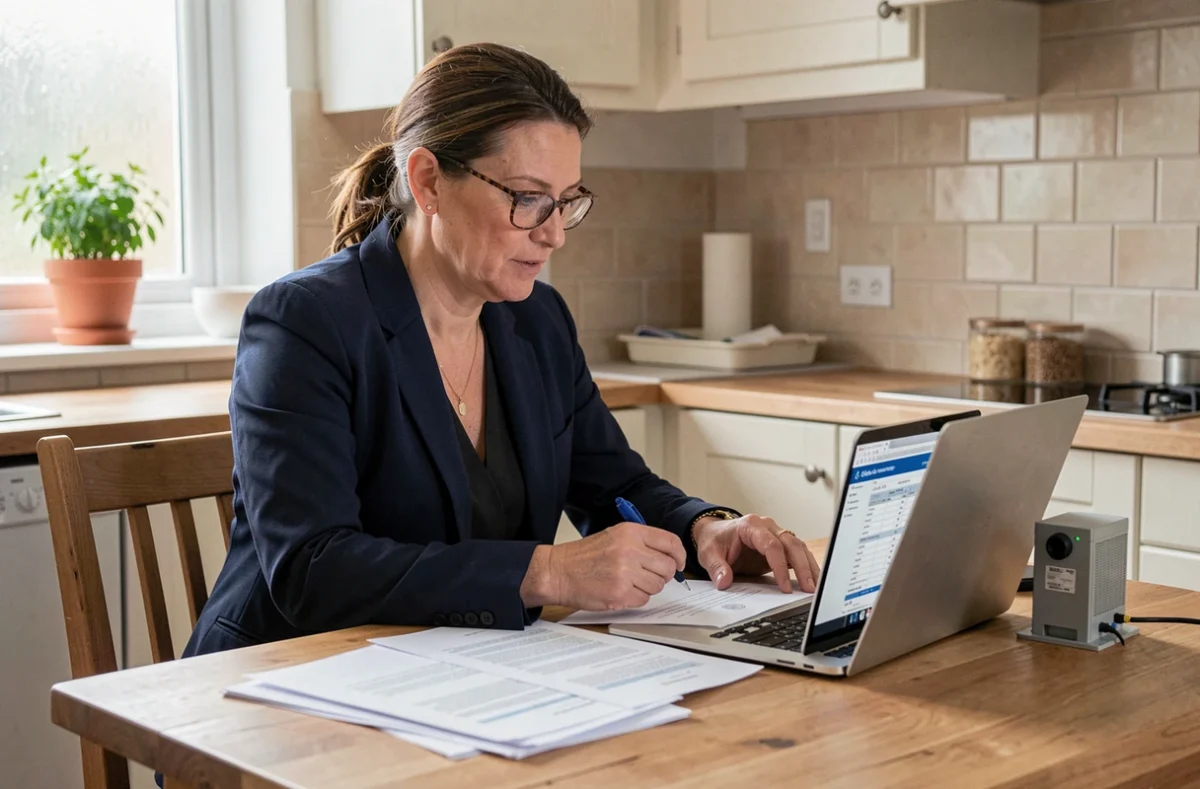 Femme consultant des documents fiscaux sur le crédit d'impôt pour une pompe à chaleur à son domicile