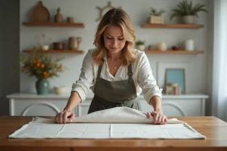 Femme en train de poser une housse de protection sur une table en bois