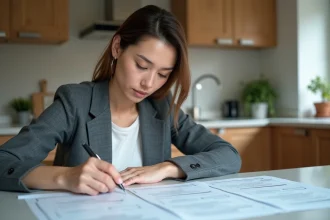 Femme en tenue décontractée examine des devis de rénovation