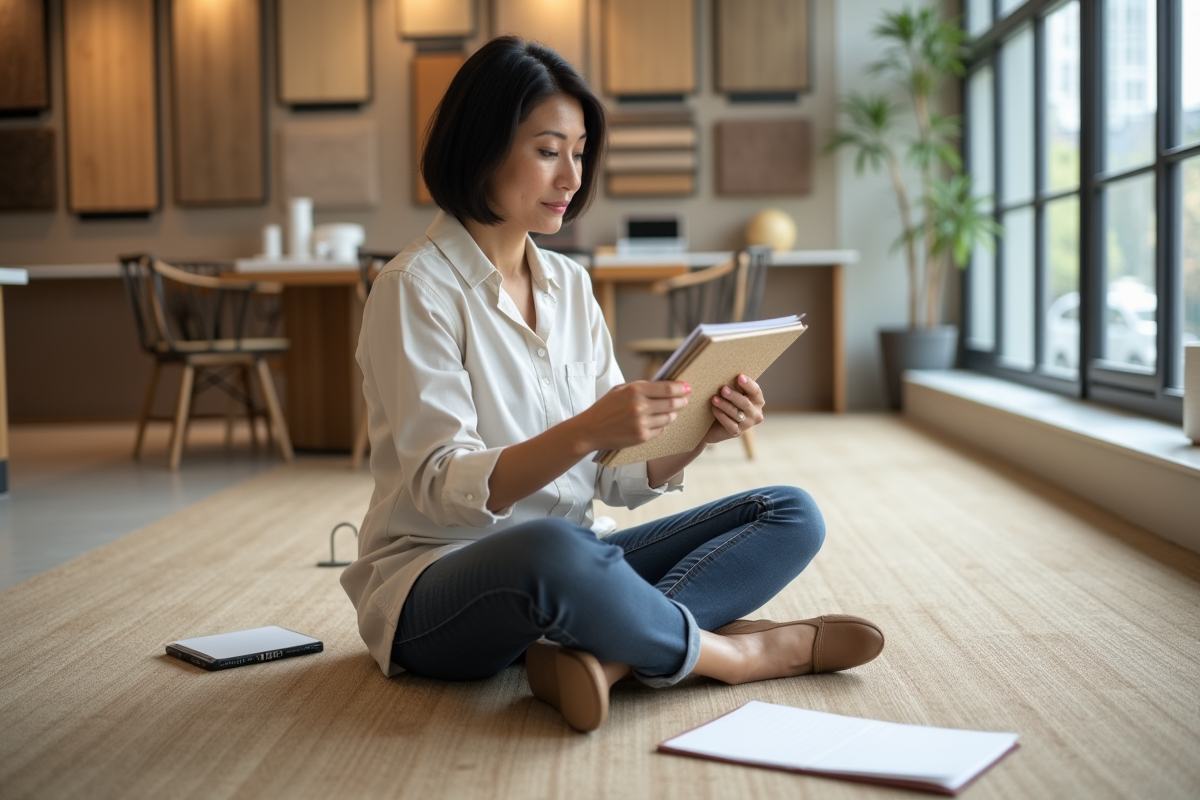 Femme regardant des échantillons de tapis en jonc de mer dans un showroom