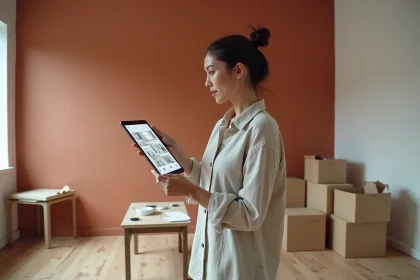 Femme utilisant une application IA sur tablette pour planifier l'aménagement intérieur d'un salon en cours de rénovation