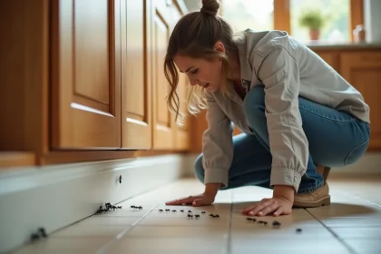 Femme inspectant une invasion de petites bêtes noires dans sa cuisine le long de la plinthe