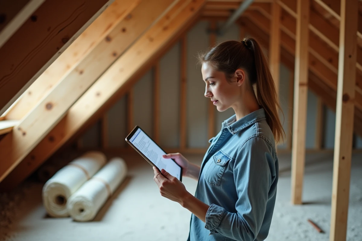 Femme consultant un guide de rénovation énergétique sur tablette dans un grenier en cours d'isolation