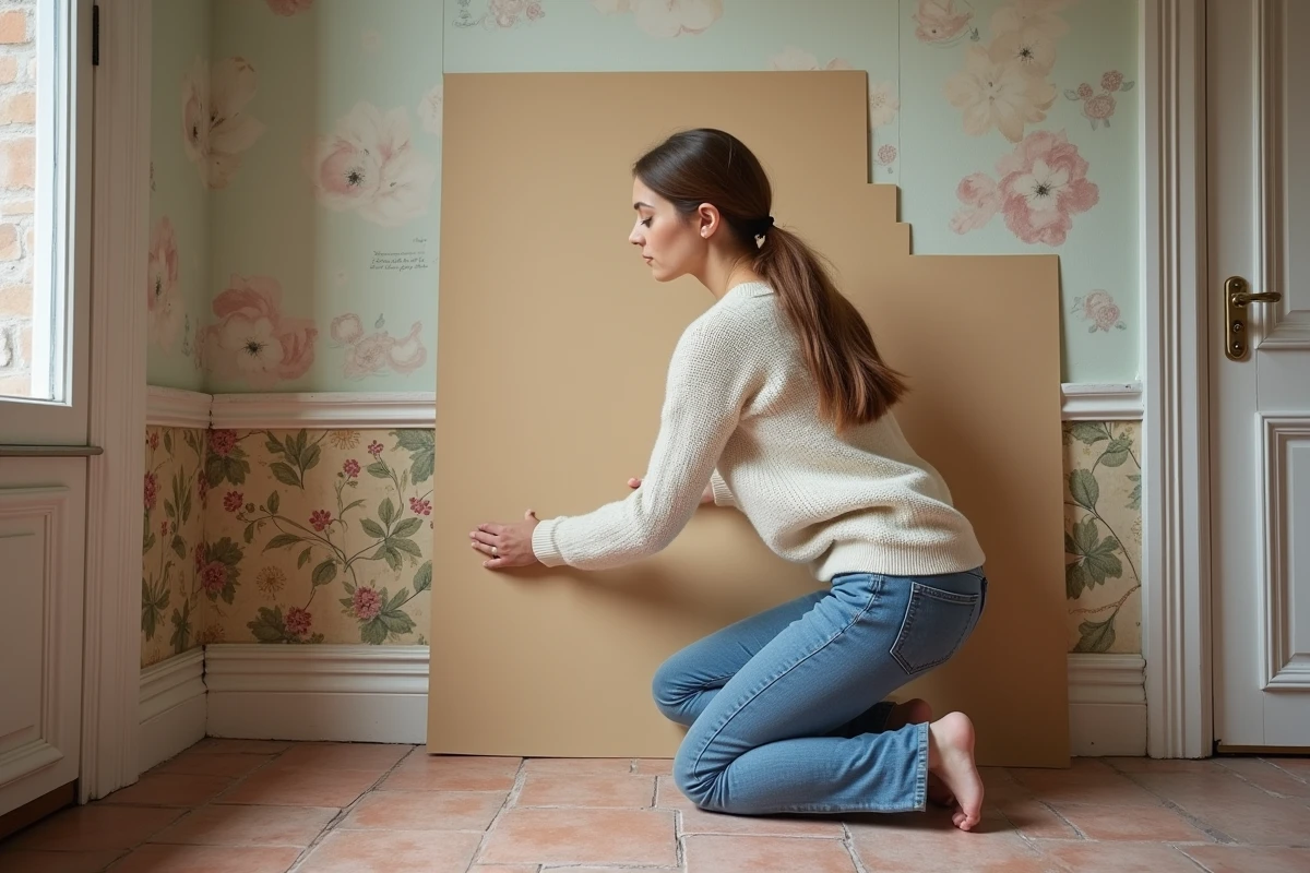 Femme appliquant isolation écologique sur mur intérieur ancien