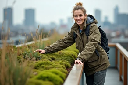 Femme souriante sur toit vert avec végétation