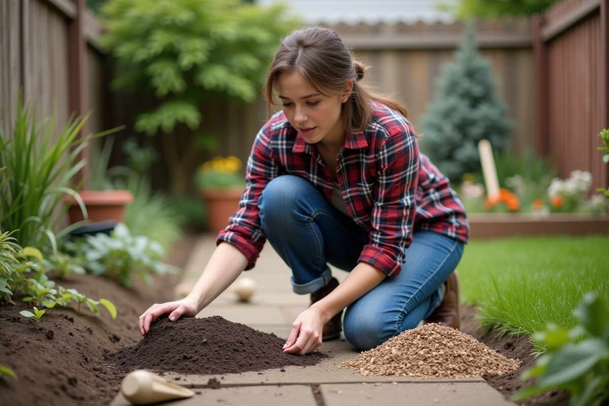 Jeune femme en jeans comparant deux types de matériaux dans un jardin
