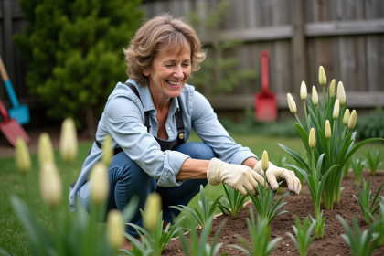 Femme inspectant les jeunes pousses de lilas au printemps