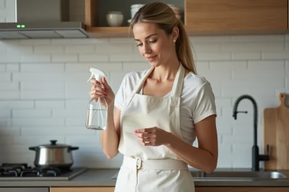 Femme lisant l'étiquette d'un produit H2O avant utilisation dans une cuisine moderne