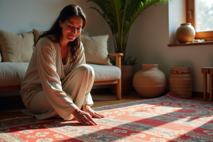 Femme marocaine en kaftan nettoyant un tapis traditionnel
