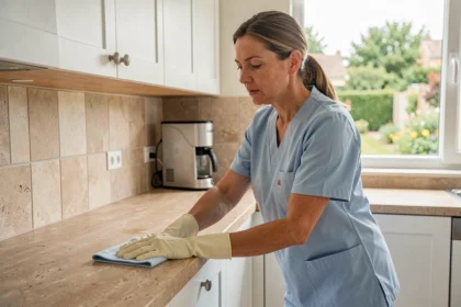 Femme de ménage professionnelle nettoyant un plan de travail dans une cuisine moderne à Tournefeuille
