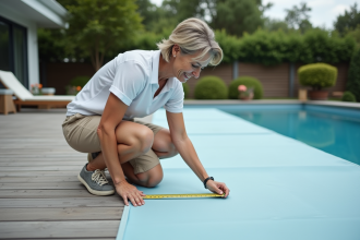Femme souriante mesure la couverture de la piscine dans le jardin