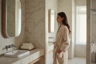 Femme en robe beige dans un bain moderne avec miroirs