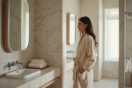 Femme en robe beige dans un bain moderne avec miroirs