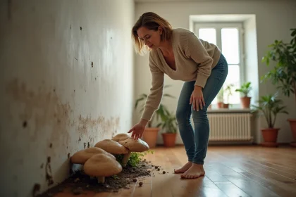 Femme examinant des moisissures dans un appartement