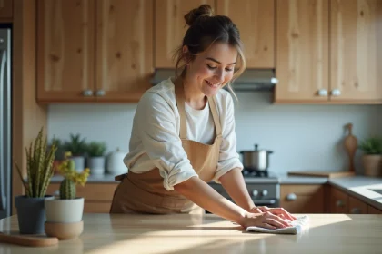 Femme en cuisine nettoyant un plan de travail lumineux