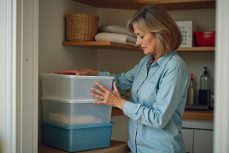 Femme organisée vérifiant des boîtes de rangement polypropylene