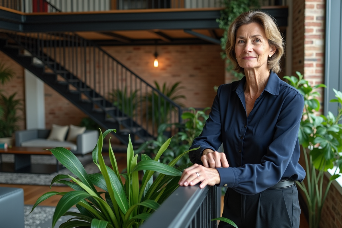 Femme arrangeant des plantes dans un loft moderne