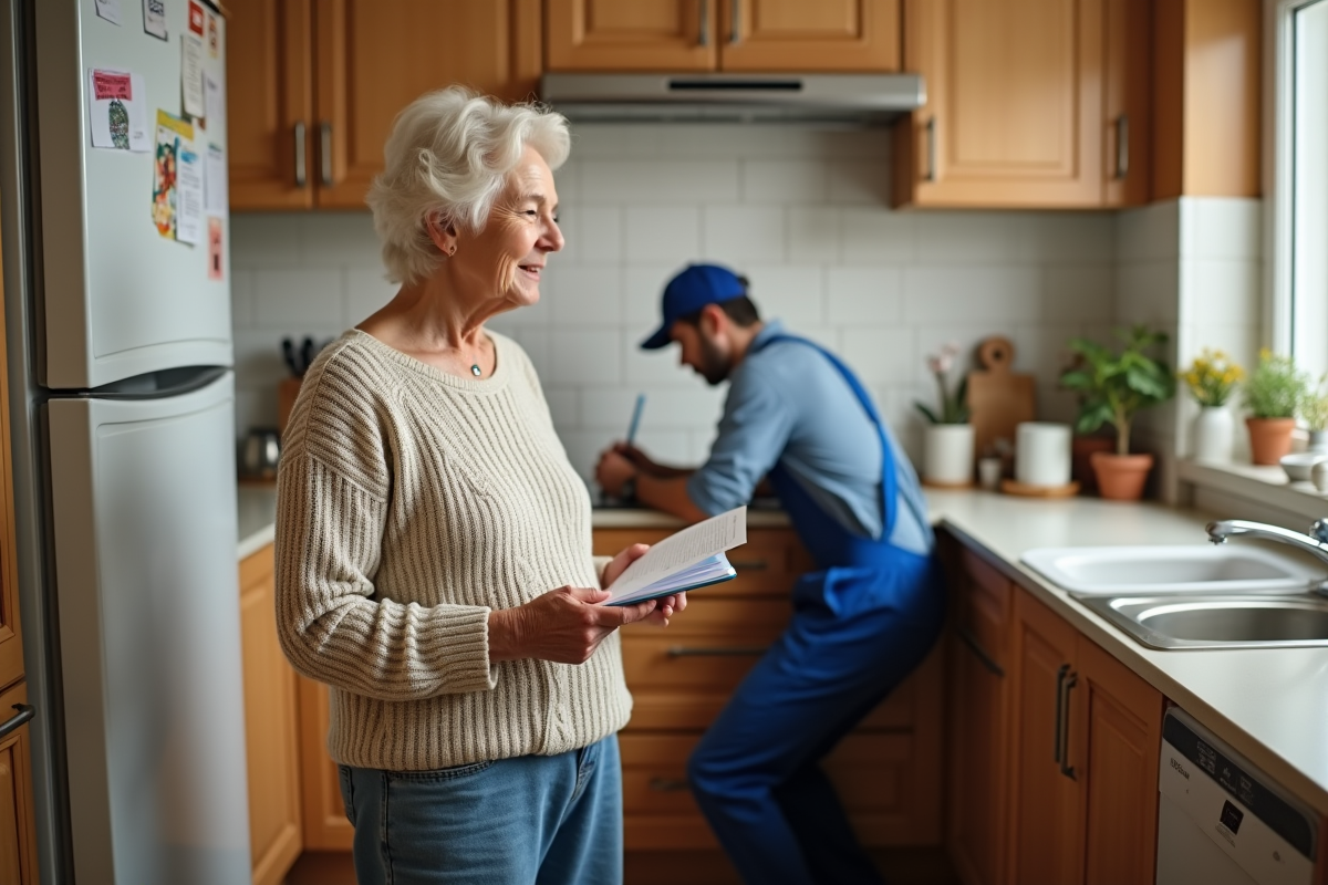 Femme âgée discutant avec un plombier dans la cuisine