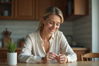 Femme polissant un anneau en argent dans la cuisine moderne