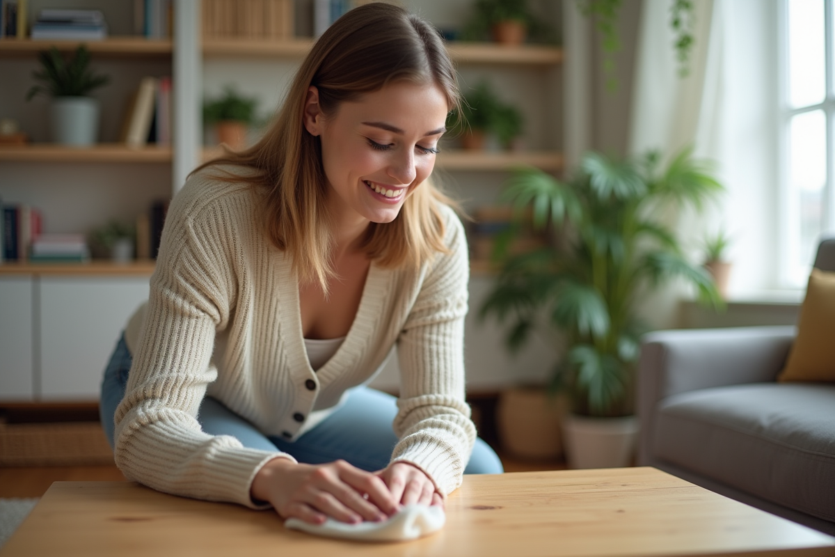 Jeune femme nettoyant un meuble en bois dans un salon chaleureux