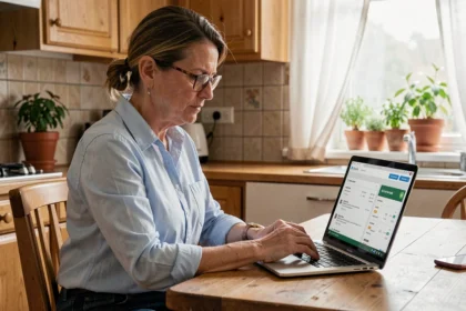 Femme cherchant une offre d'aide ménagère sur Indeed depuis son ordinateur portable dans une cuisine chaleureuse