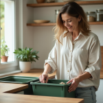 Femme en cuisine triant des recyclables avec un sourire