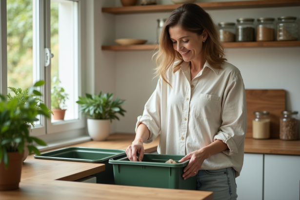 Femme en cuisine triant des recyclables avec un sourire