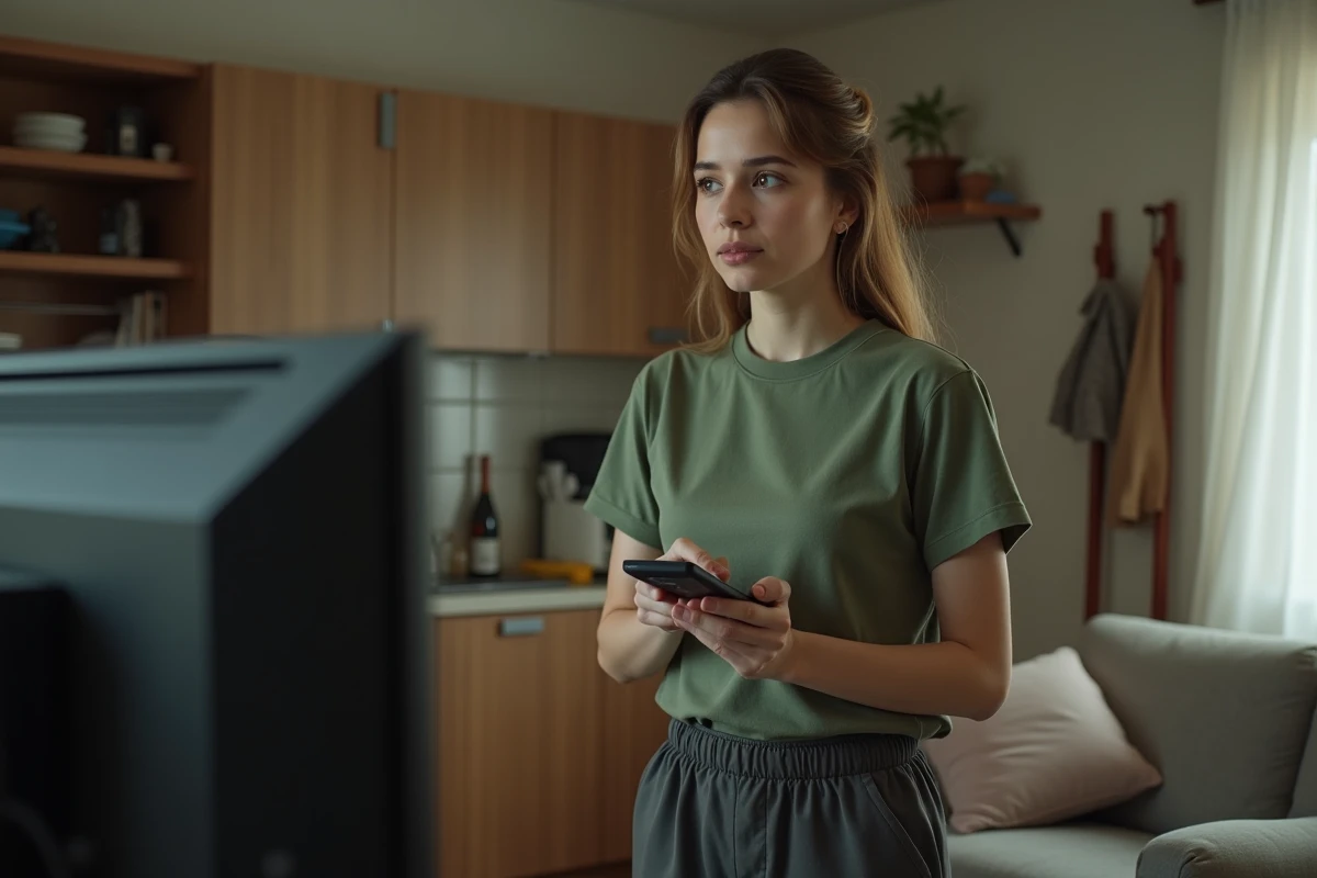 Femme réglant le menu de la télévision dans un appartement