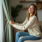 Femme souriante dans un salon cosy avec rideaux verts et canapé beige