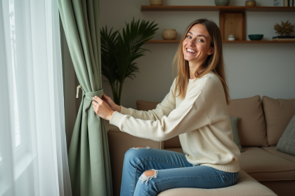 Femme souriante dans un salon cosy avec rideaux verts et canapé beige